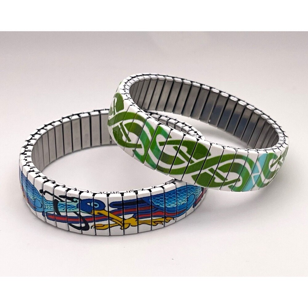 Two Solvar Stretch Bar Link Bracelets Multicolor Enamel Bird Tropical Print